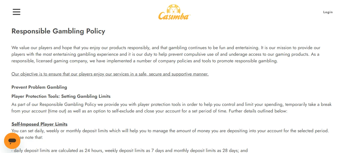 Screenshot of Casimba's responsible-gambling tools