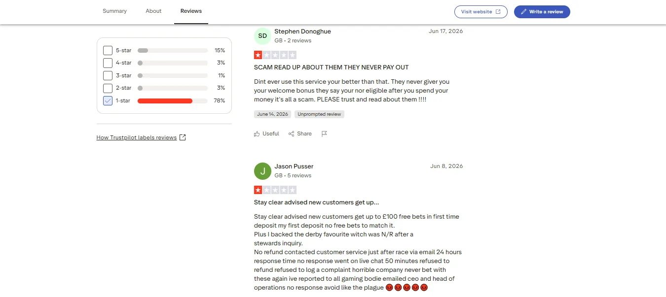 Screenshot of Casimba's negative Trustpilot review