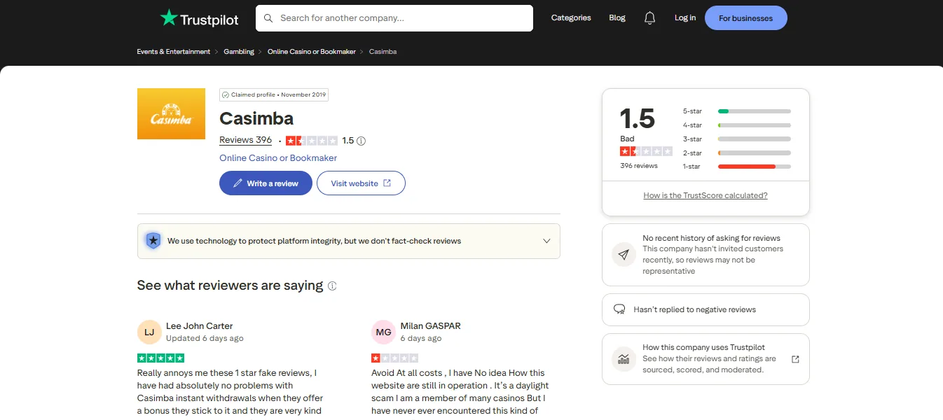 Screenshot of Casimba's Trustpilot rating overview