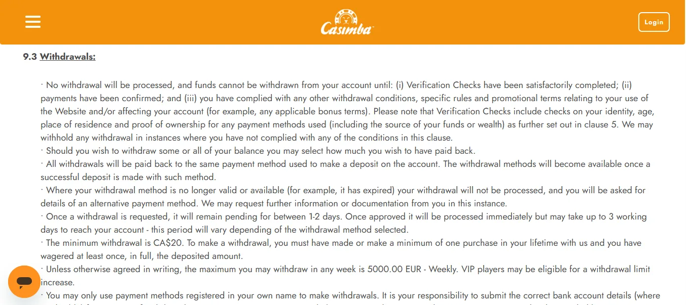 Screenshot of Casimba's withdrawal section and limits