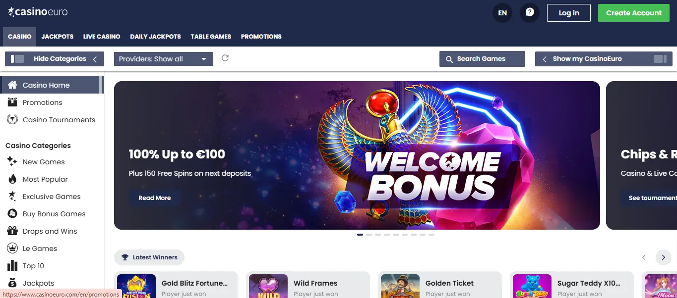 Screenshot of CasinoEuro's welcome bonus offer