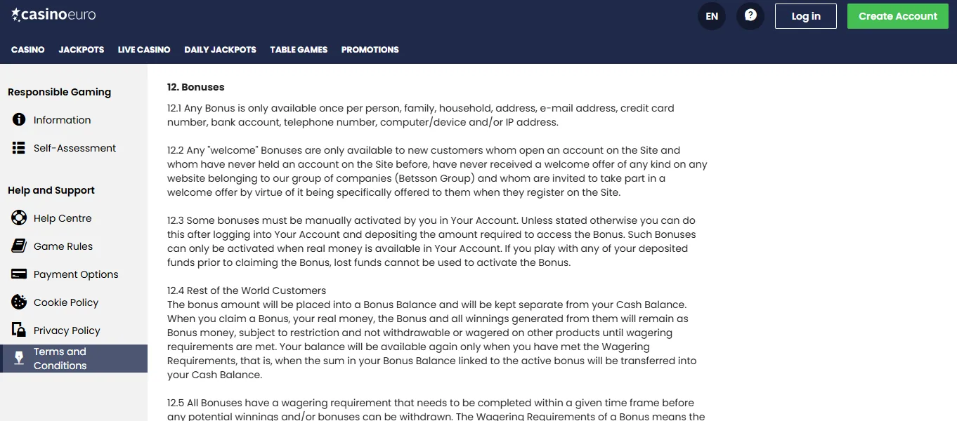 Screenshot of CasinoEuro's bonus terms and wagering requirements