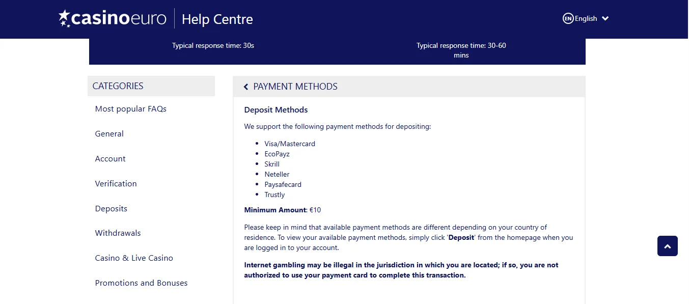 Screenshot of CasinoEuro's cashier and payment methods