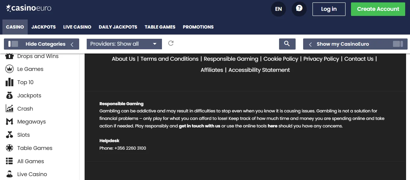 Screenshot of CasinoEuro's footer licence and regulator details