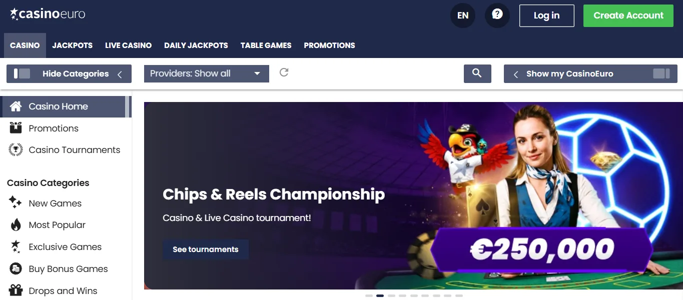 Screenshot of CasinoEuro's homepage