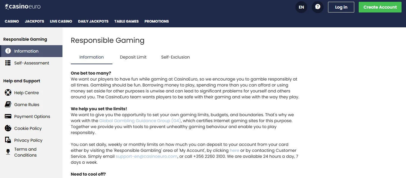 Screenshot of CasinoEuro's responsible-gambling tools