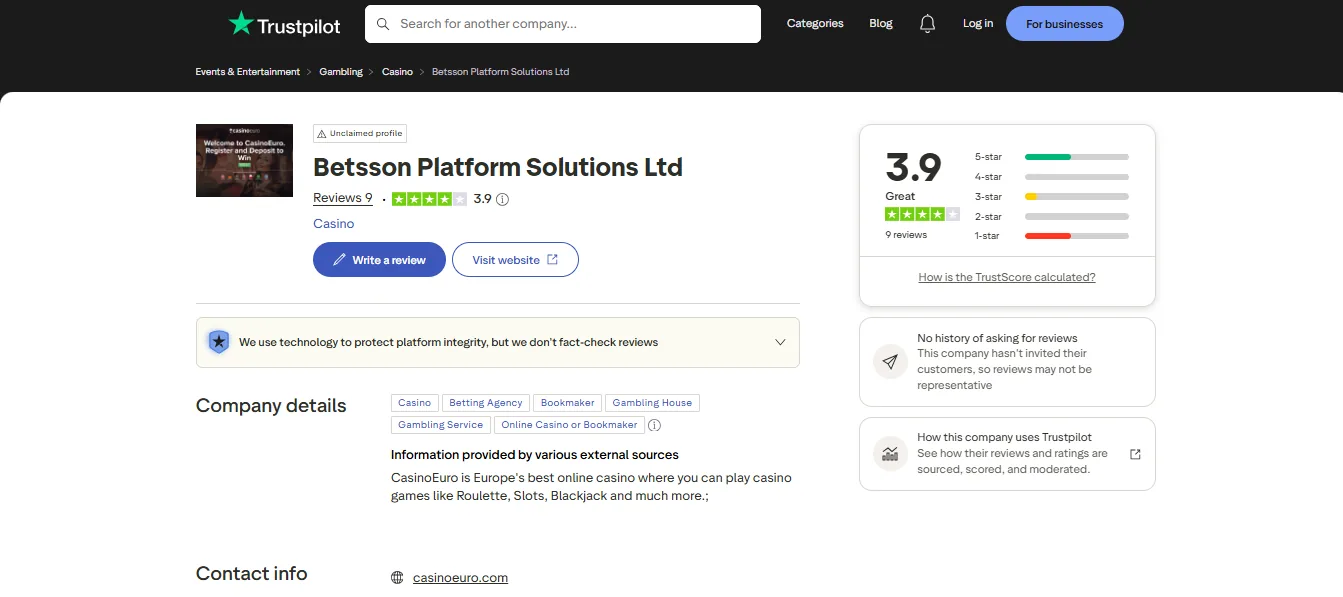 Screenshot of CasinoEuro's Trustpilot rating overview
