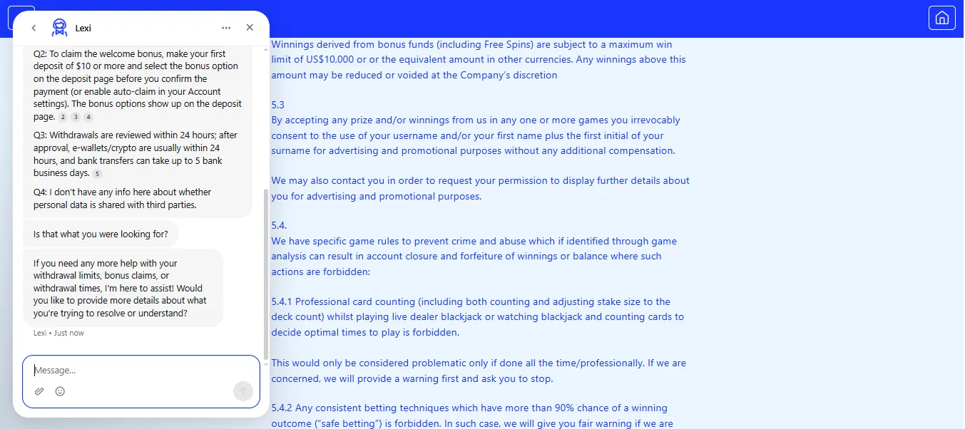 Screenshot of Casino Secret's live chat support window