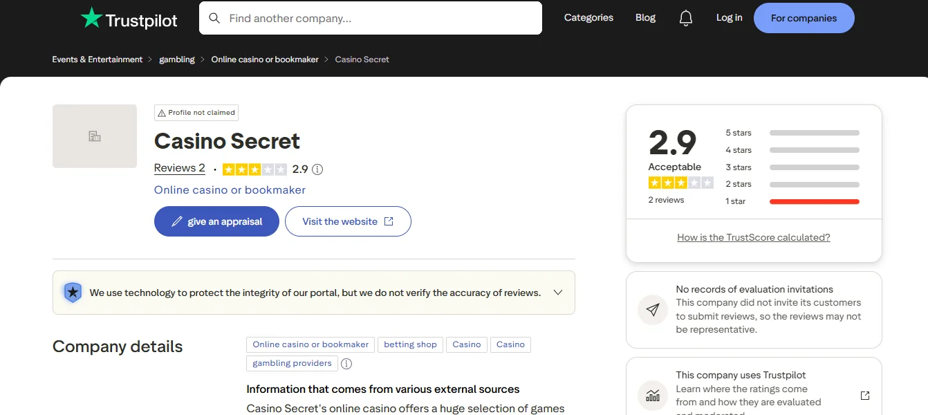 Screenshot of Casino Secret's Trustpilot rating overview