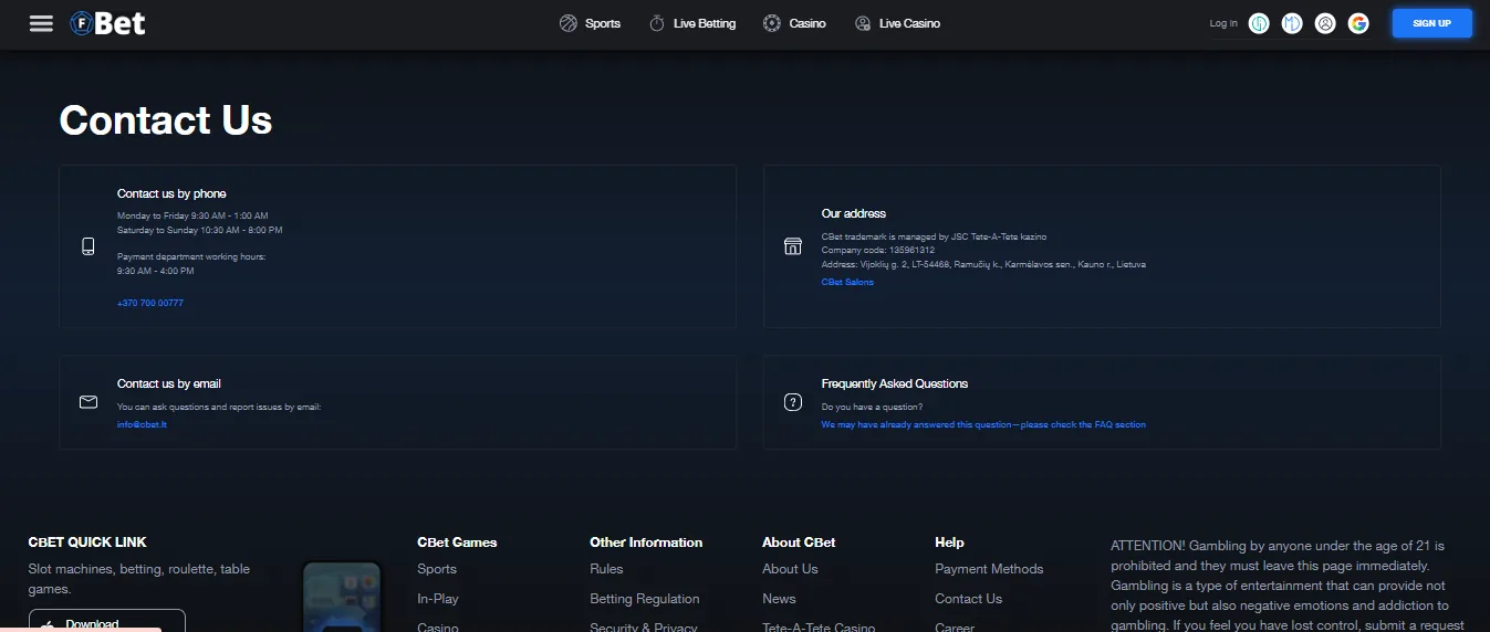 Screenshot of Cbet's live chat support window
