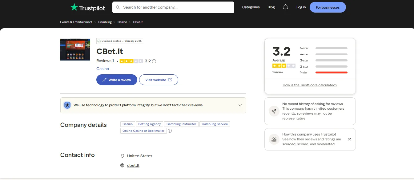 Screenshot of Cbet's Trustpilot rating overview