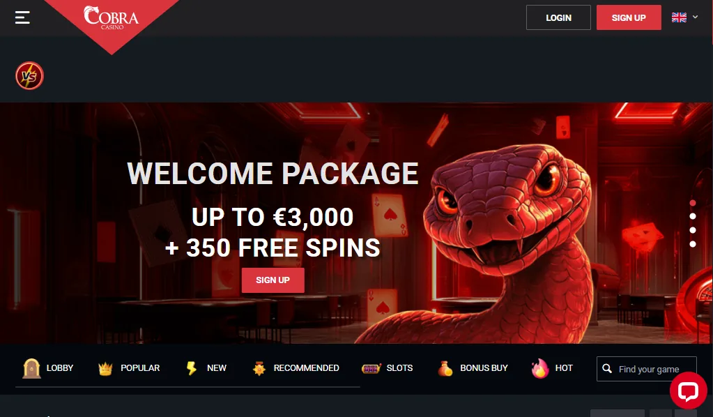 Screenshot of Cobra Casino's welcome bonus offer