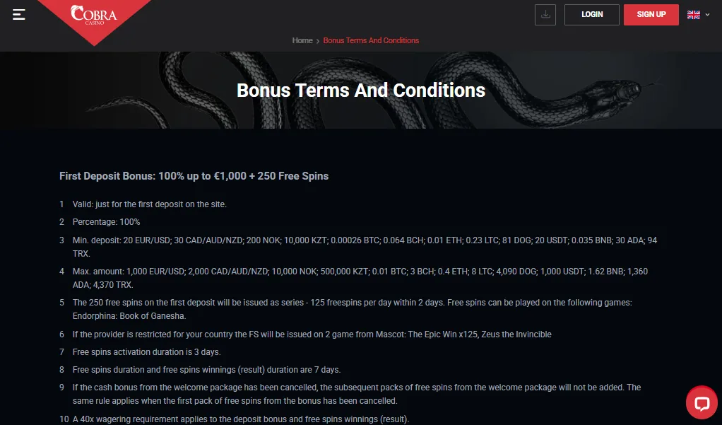 Screenshot of Cobra Casino's bonus terms and wagering requirements