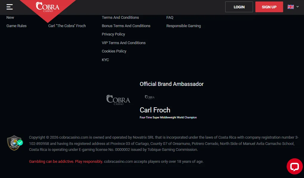 Screenshot of Cobra Casino's footer licence and regulator details