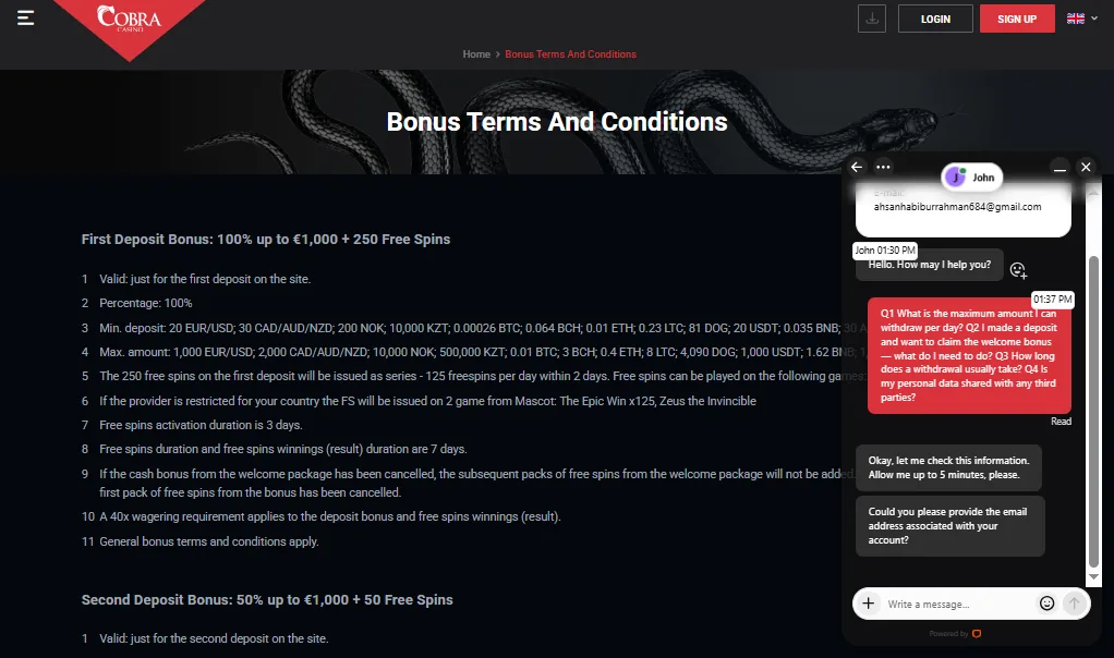 Screenshot of Cobra Casino's live chat support window