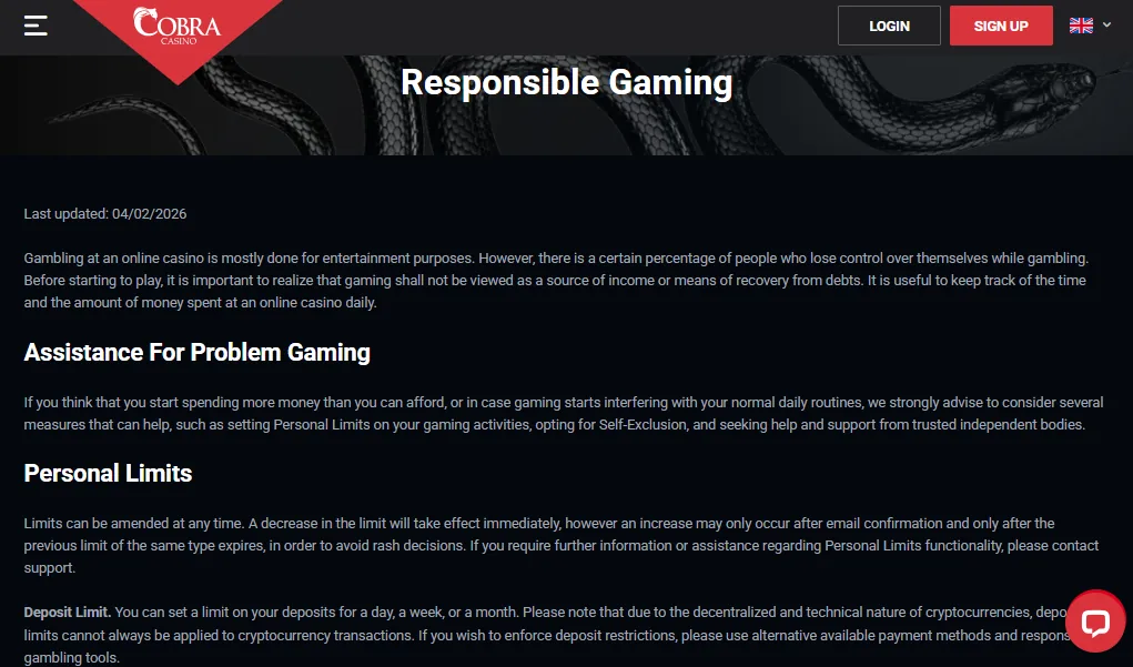 Screenshot of Cobra Casino's responsible-gambling tools