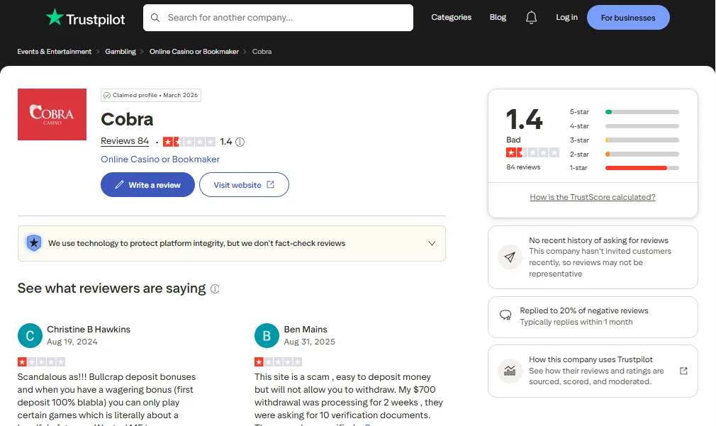 Screenshot of Cobra Casino's Trustpilot rating overview