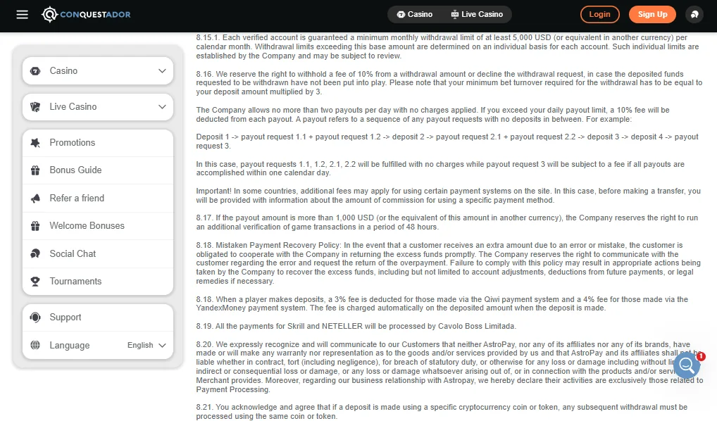 Screenshot of Conquestador's cashier and payment methods