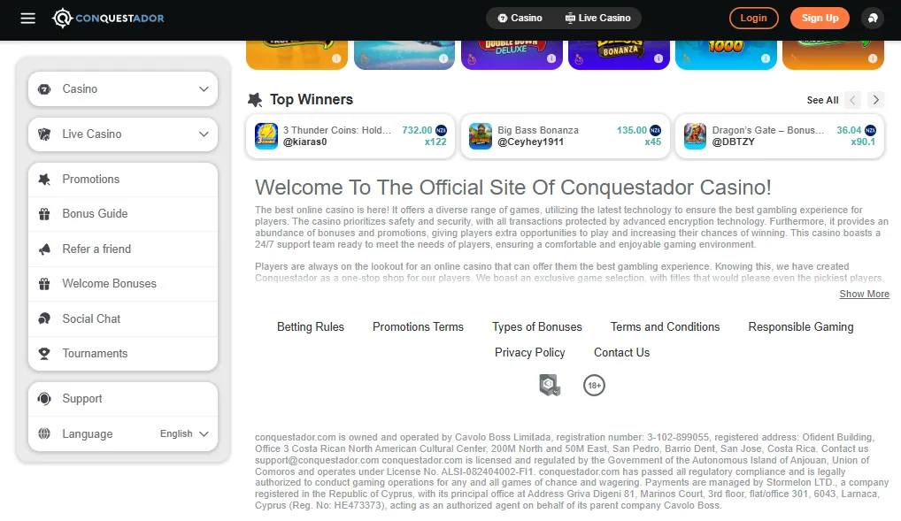 Screenshot of Conquestador's footer licence and regulator details