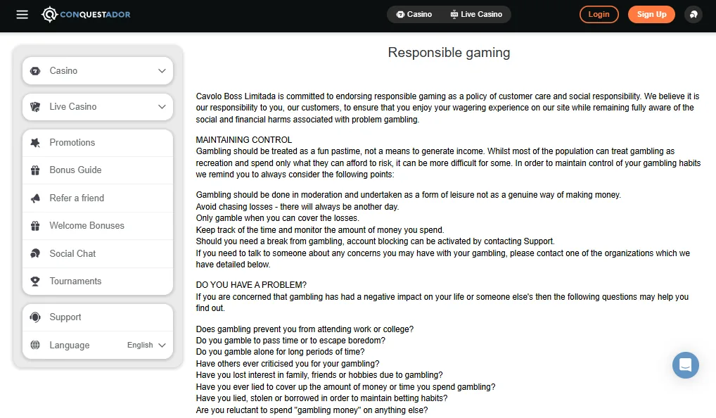 Screenshot of Conquestador's responsible-gambling tools