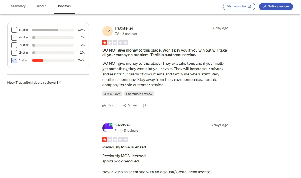 Screenshot of Conquestador's negative Trustpilot review