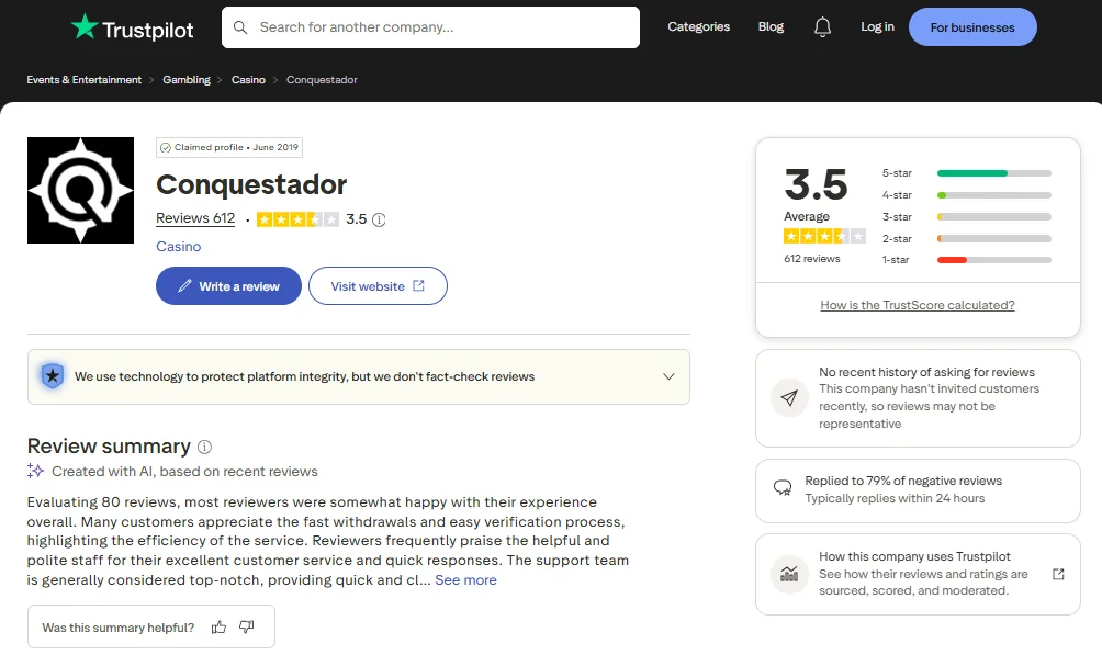 Screenshot of Conquestador's Trustpilot rating overview