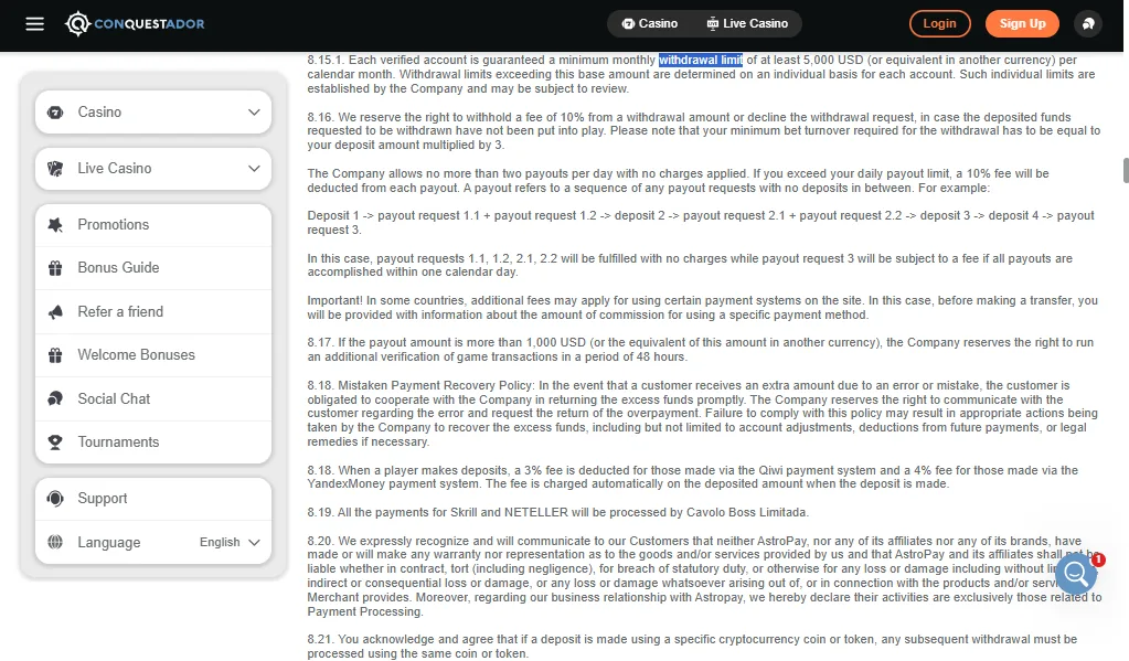 Screenshot of Conquestador's withdrawal section and limits