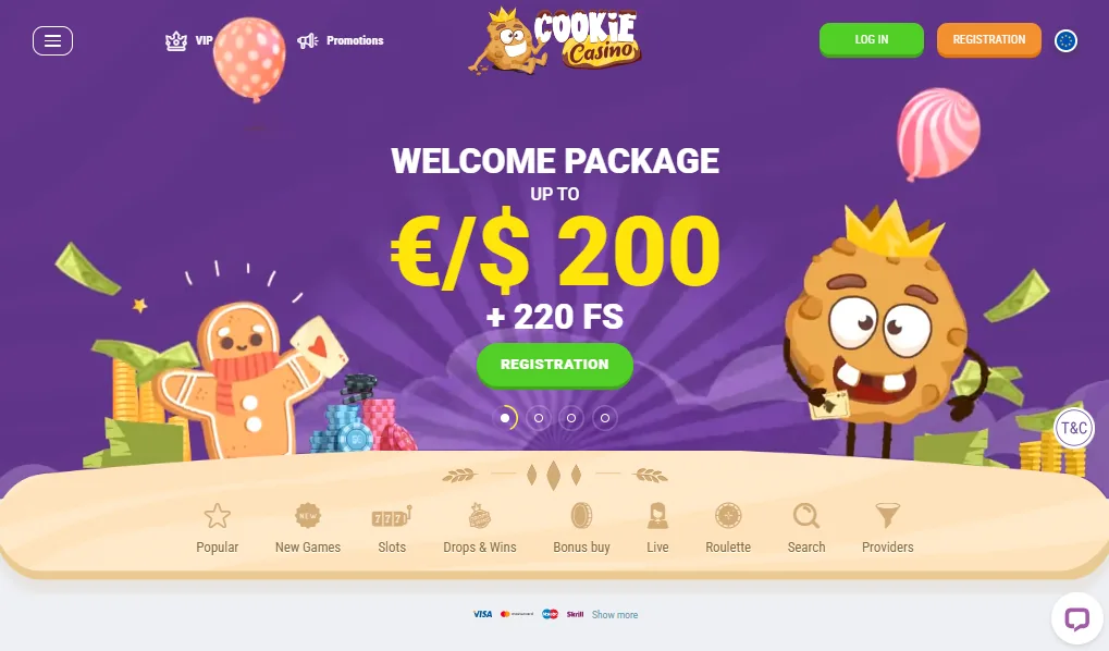 Screenshot of Cookie Casino's welcome bonus offer