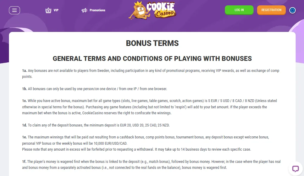 Screenshot of Cookie Casino's bonus terms and wagering requirements
