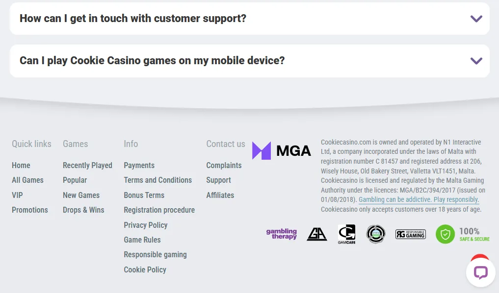Screenshot of Cookie Casino's footer licence and regulator details