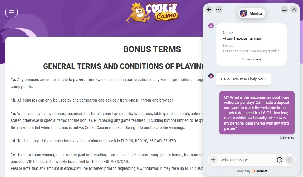 Screenshot of Cookie Casino's live chat support window