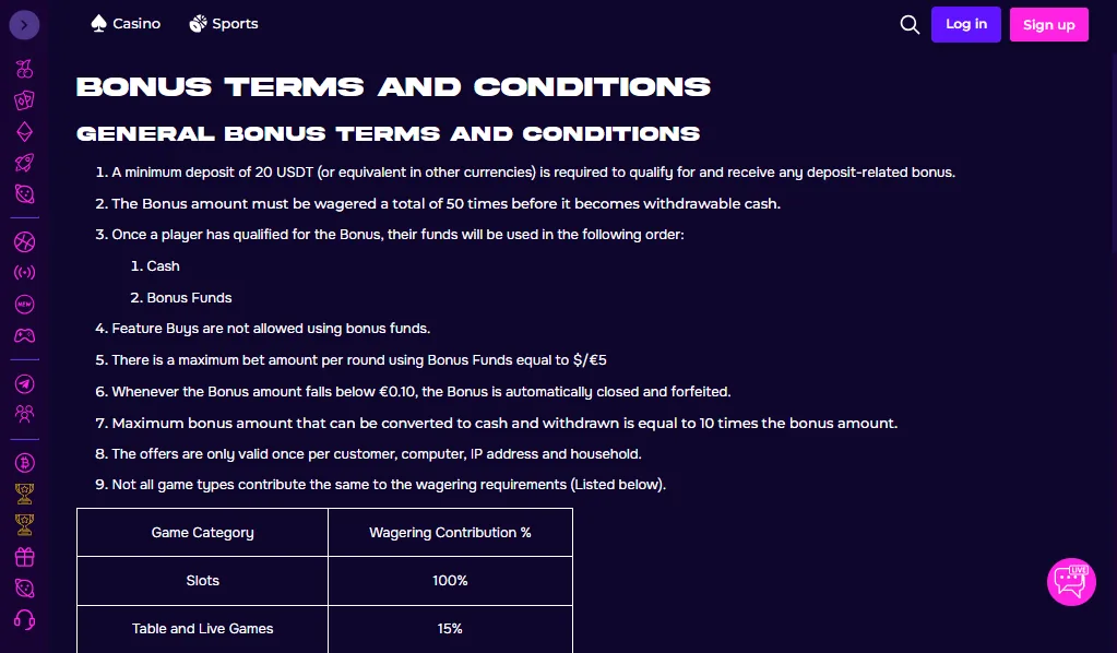 Screenshot of Crashino's bonus terms and wagering requirements