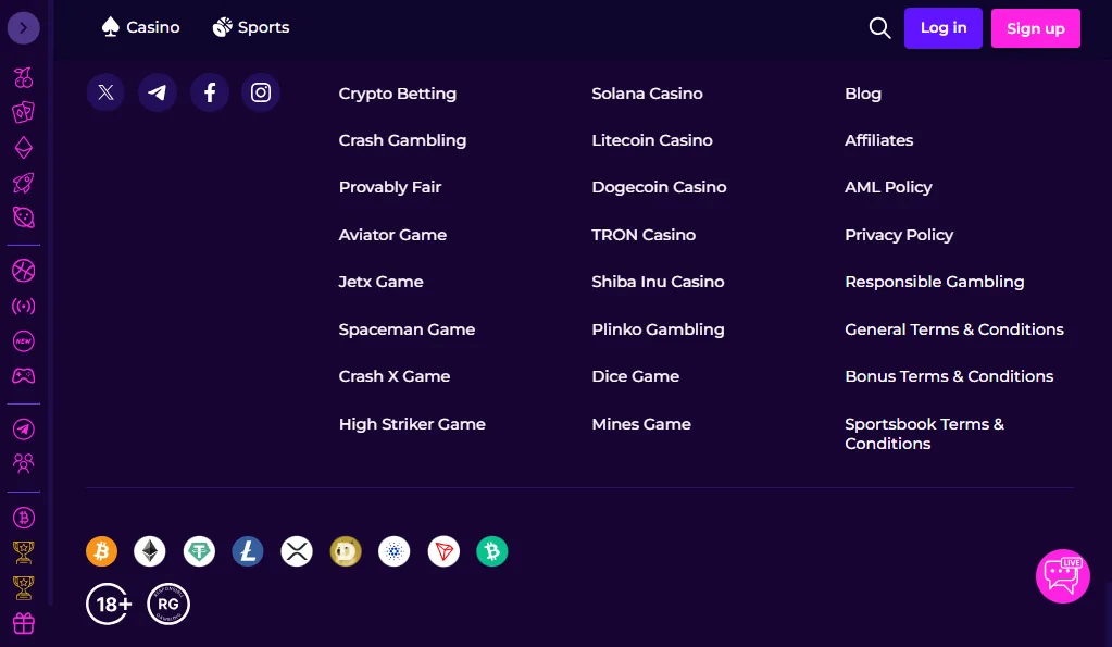 Screenshot of Crashino's footer licence and regulator details