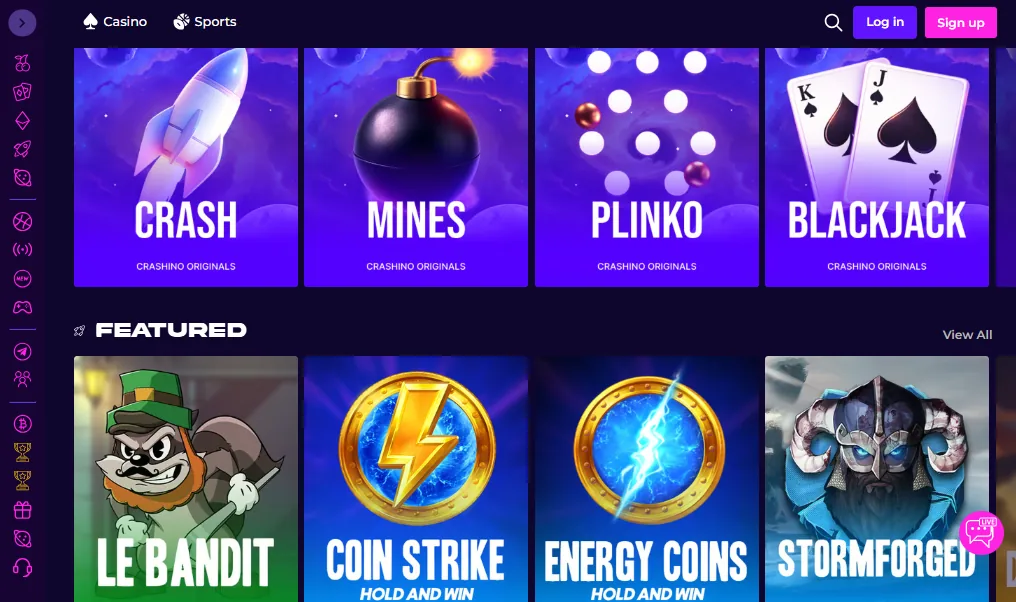 Screenshot of Crashino's games lobby