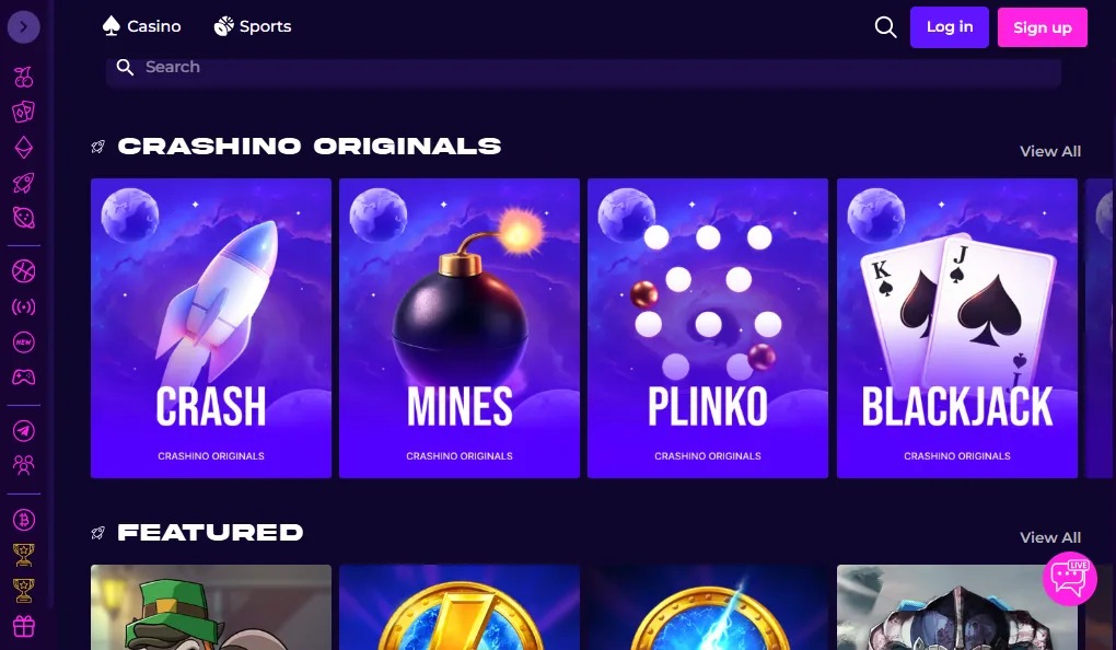 Screenshot of Crashino's homepage