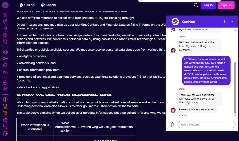 Screenshot of Crashino's live chat support window