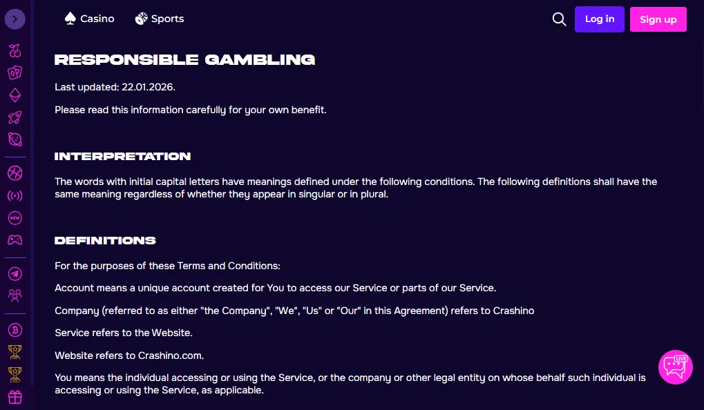 Screenshot of Crashino's responsible-gambling tools