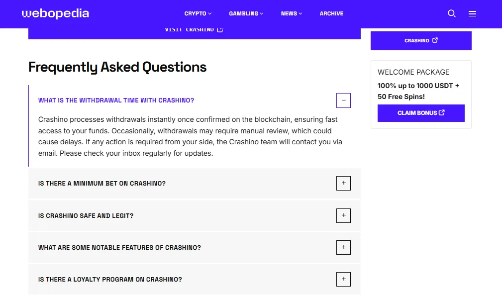 Screenshot of Crashino's withdrawal section and limits