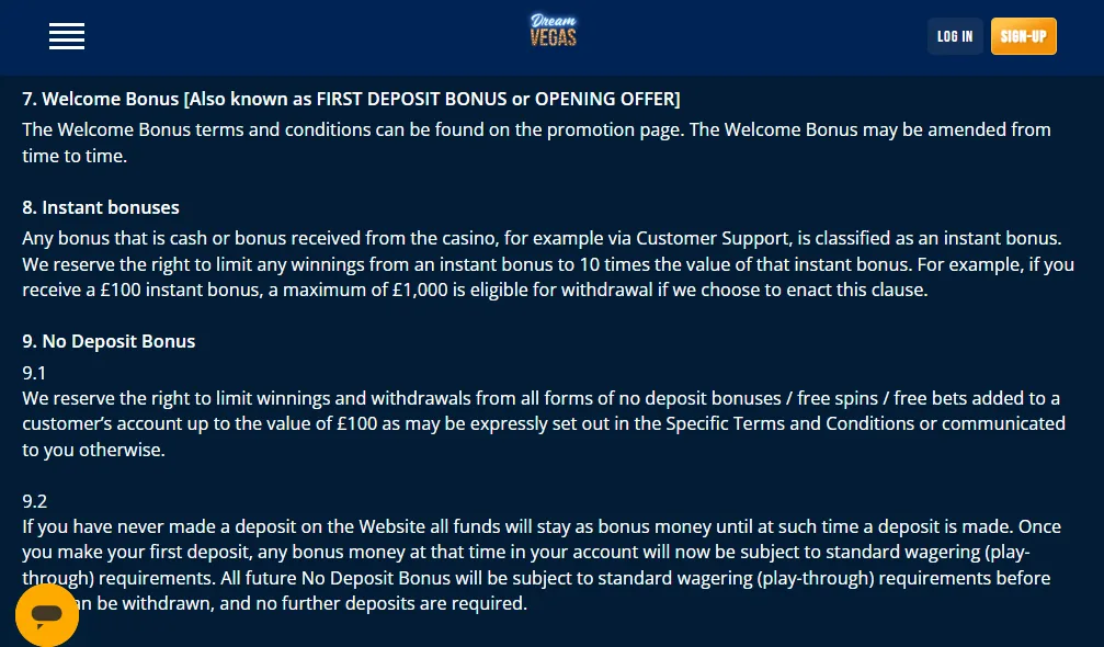 Screenshot of Dream Vegas's bonus terms and wagering requirements
