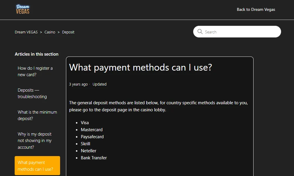 Screenshot of Dream Vegas's cashier and payment methods