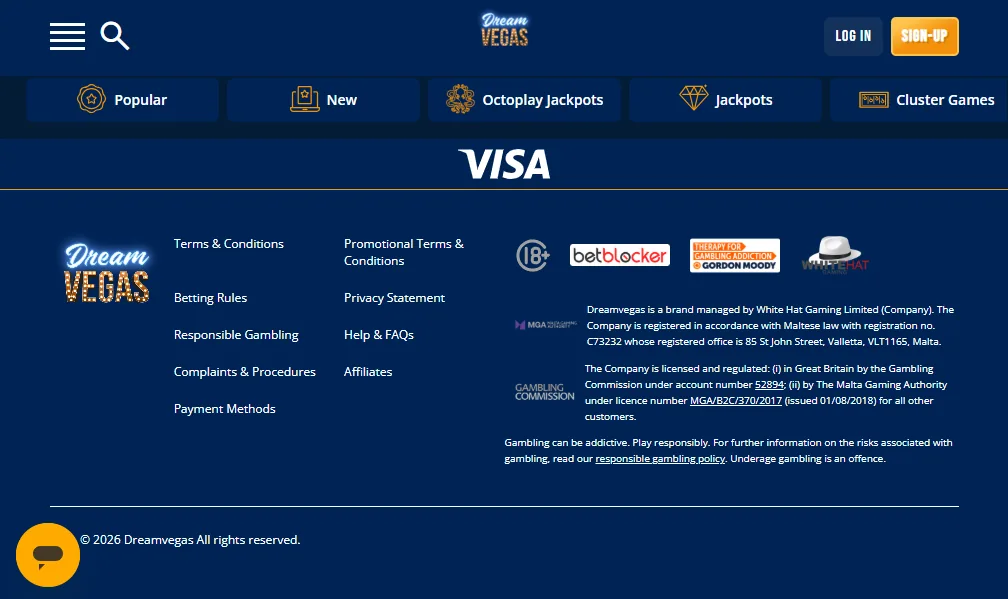 Screenshot of Dream Vegas's footer licence and regulator details