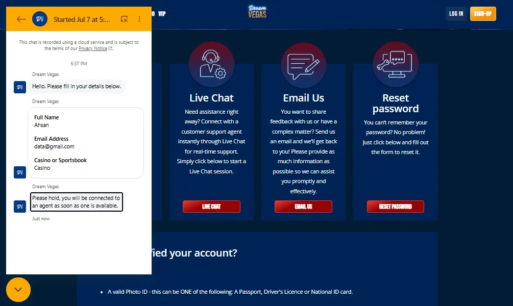 Screenshot of Dream Vegas's live chat support window