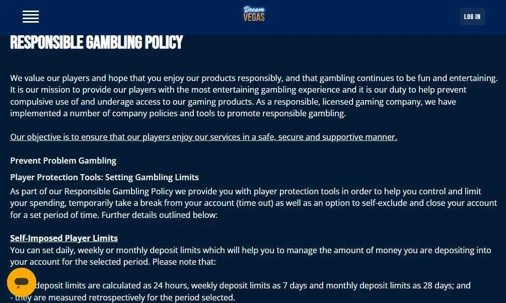 Screenshot of Dream Vegas's responsible-gambling tools