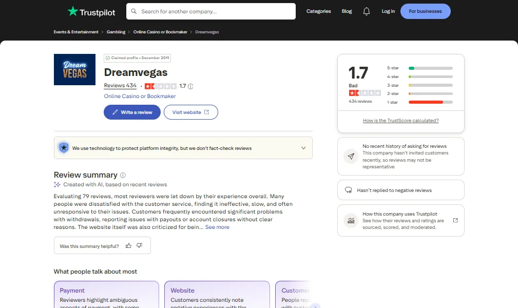Screenshot of Dream Vegas's Trustpilot rating overview