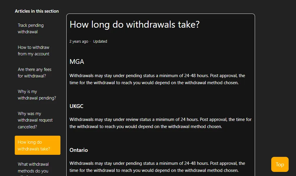 Screenshot of Dream Vegas's withdrawal section and limits