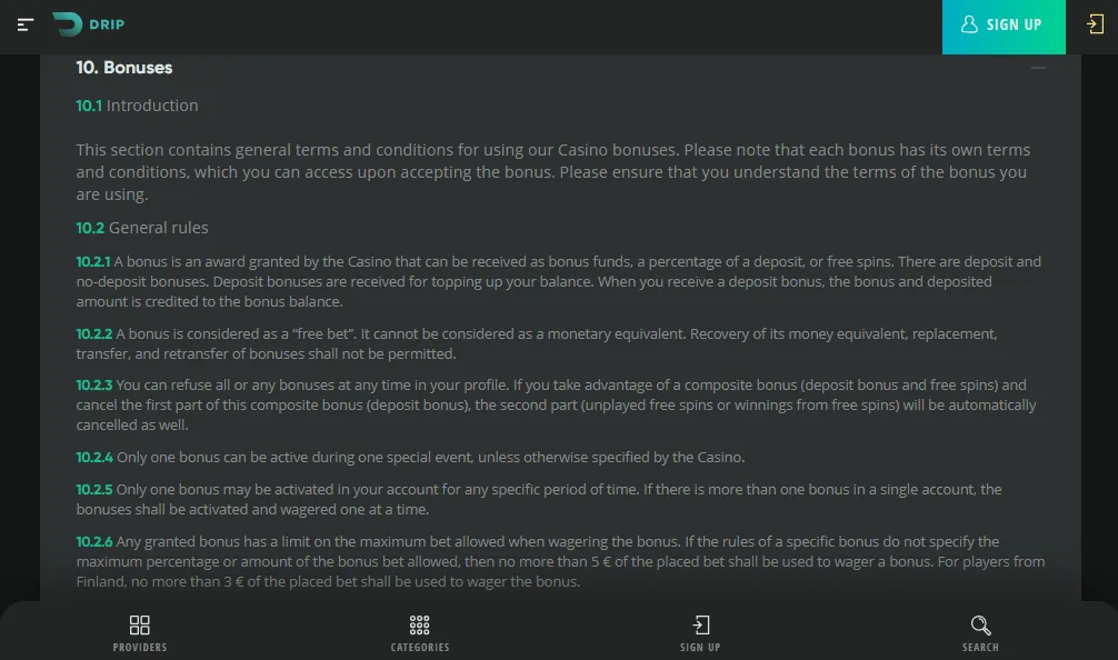 Screenshot of Drip's bonus terms and wagering requirements