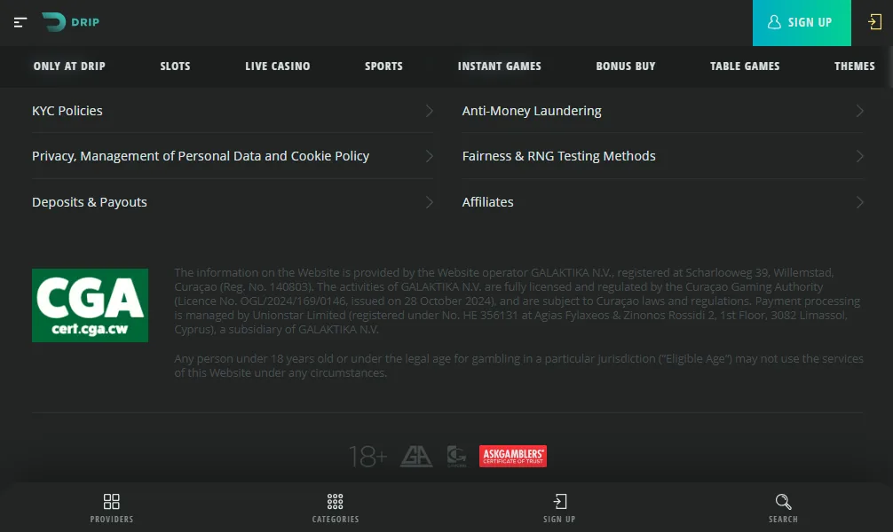Screenshot of Drip's footer licence and regulator details