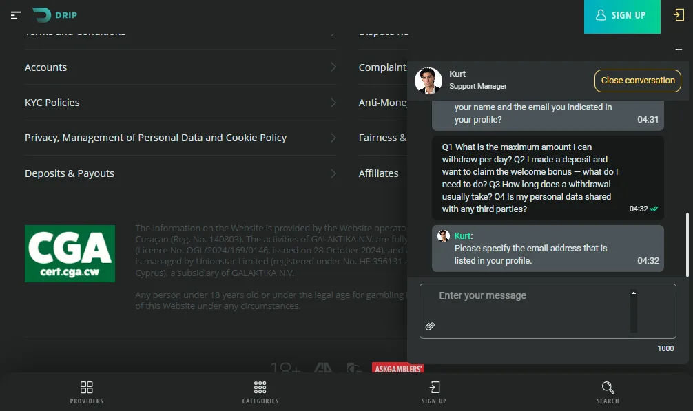 Screenshot of Drip's live chat support window