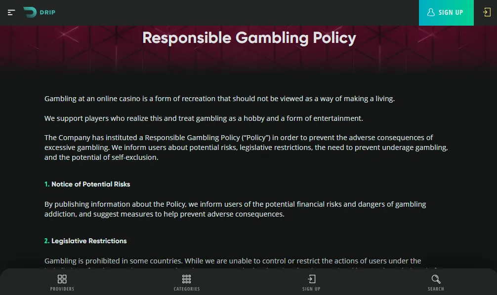 Screenshot of Drip's responsible-gambling tools