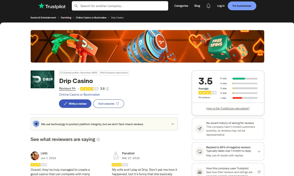 Screenshot of Drip's Trustpilot rating overview